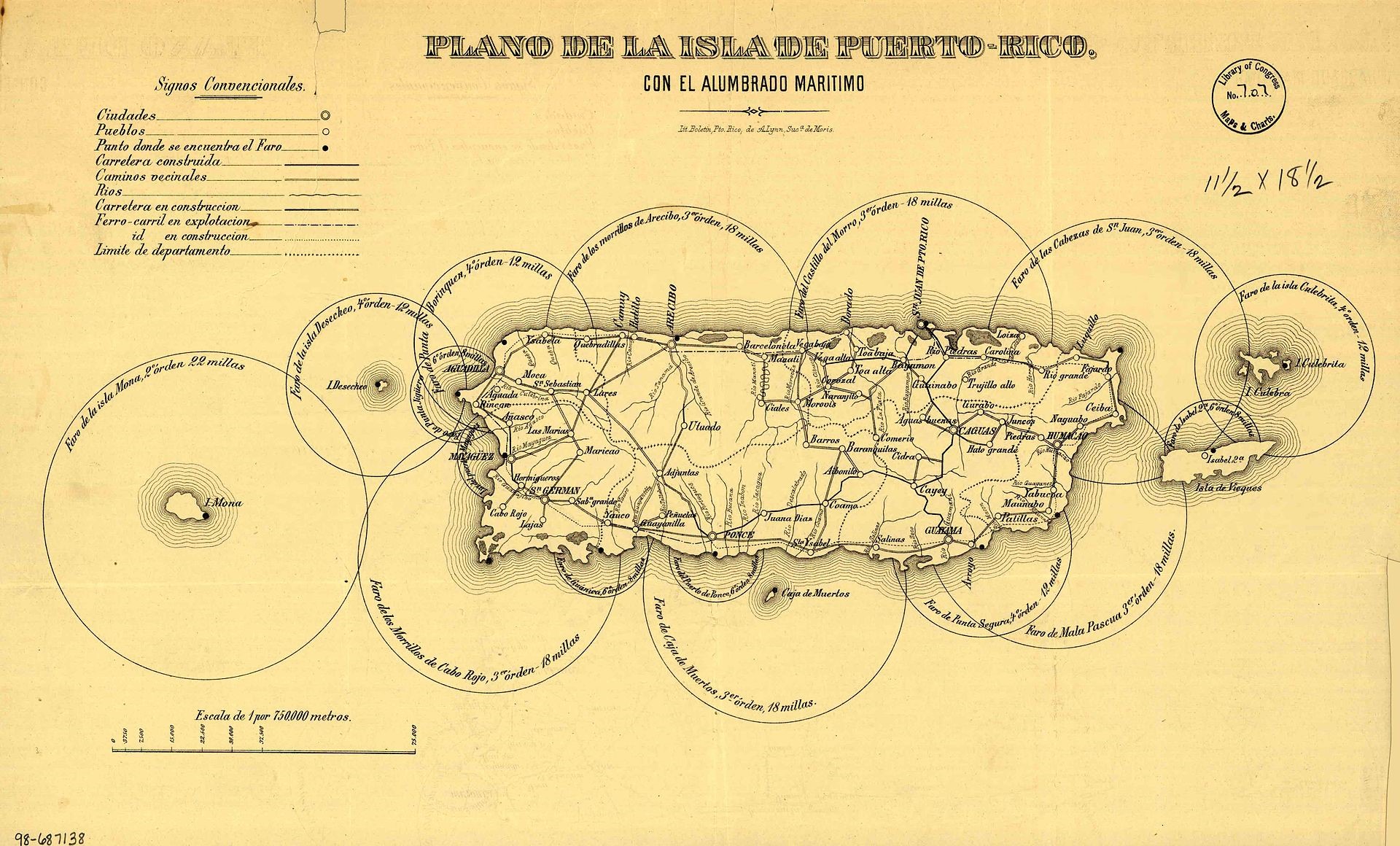 Map showing Puerto Rico’s maritime lighthouse and road plans map circa 1885. (Wikipedia)