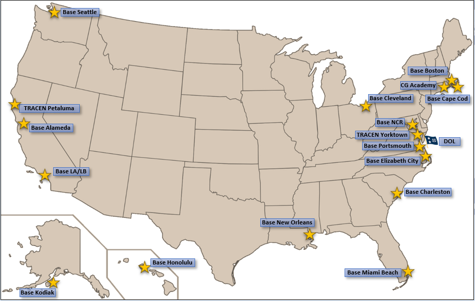 The U.S. map indicating with yellow stars for all the Permanent Change of Station Teams.