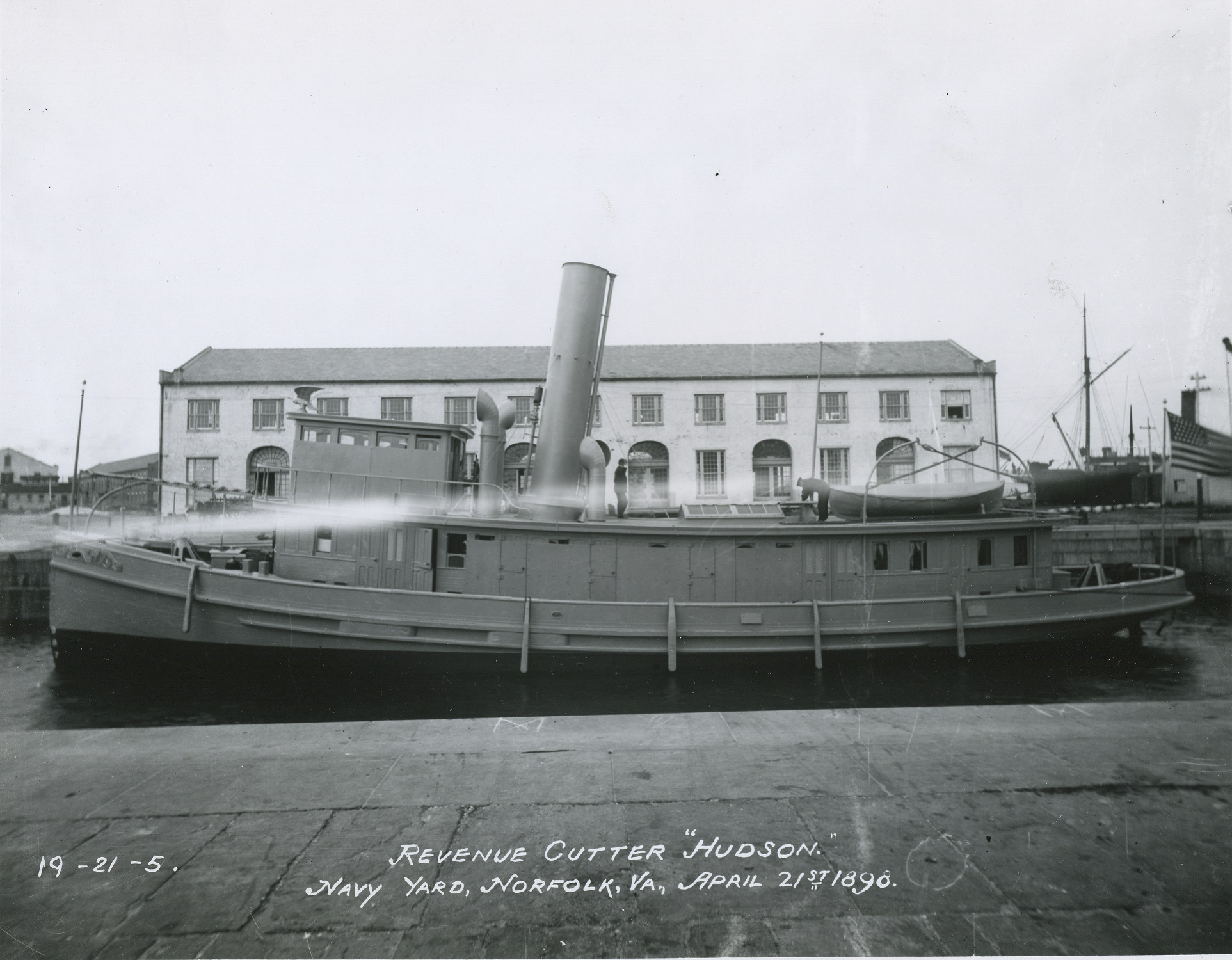 2.	Revenue Cutter Hudson normally patrolled the waters of New York City. The Navy called it into service for the Spanish-American War and ordered Lt. Frank Newcomb to bring the cutter to the Norfolk Navy Yard (shown above at the Yard) to be outfitted for war. (U.S. Navy photo)