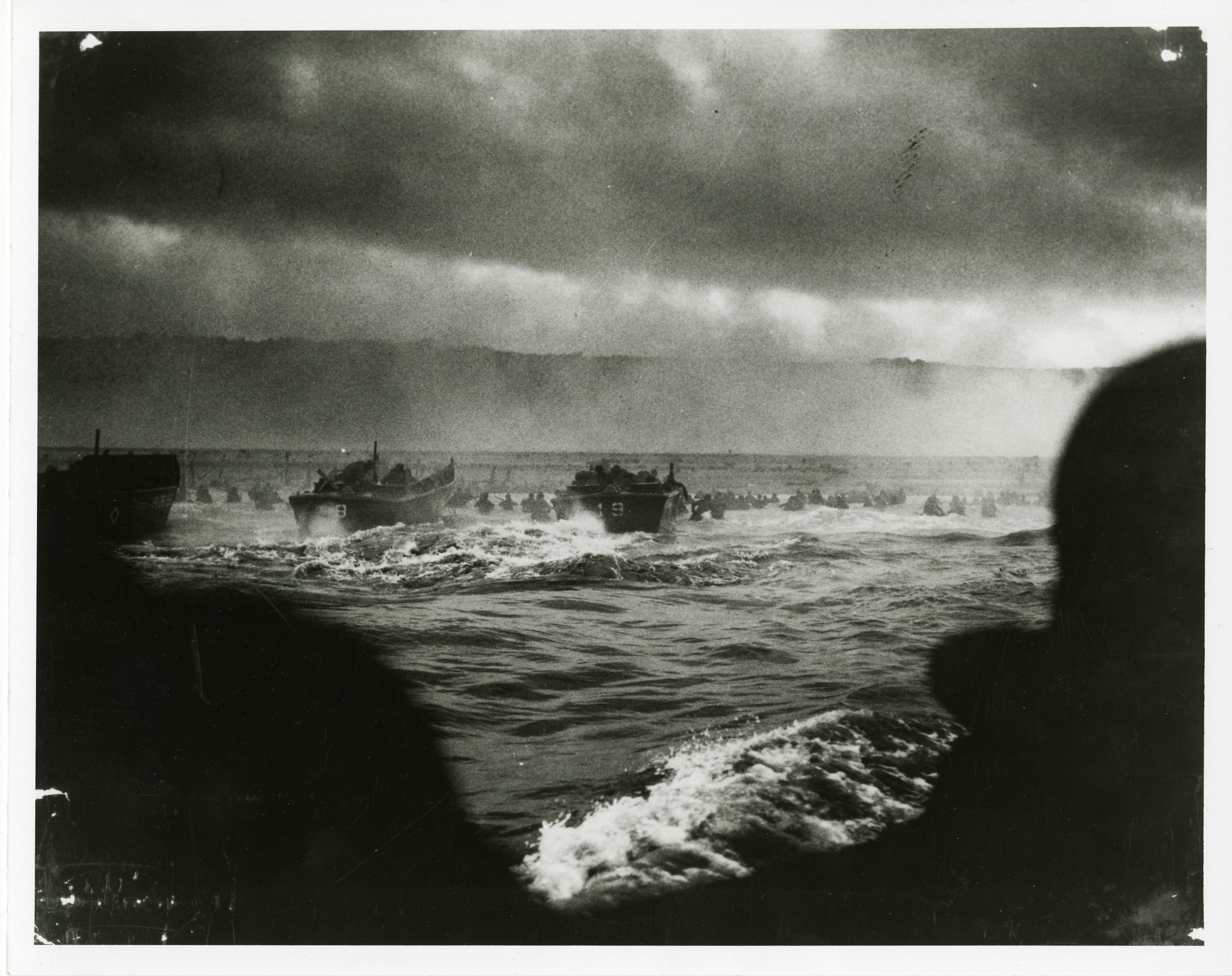 The fog of war on D-Day as Allied landing craft put ashore troops on June 6th at Omaha Beach. (U.S. Coast Guard)
