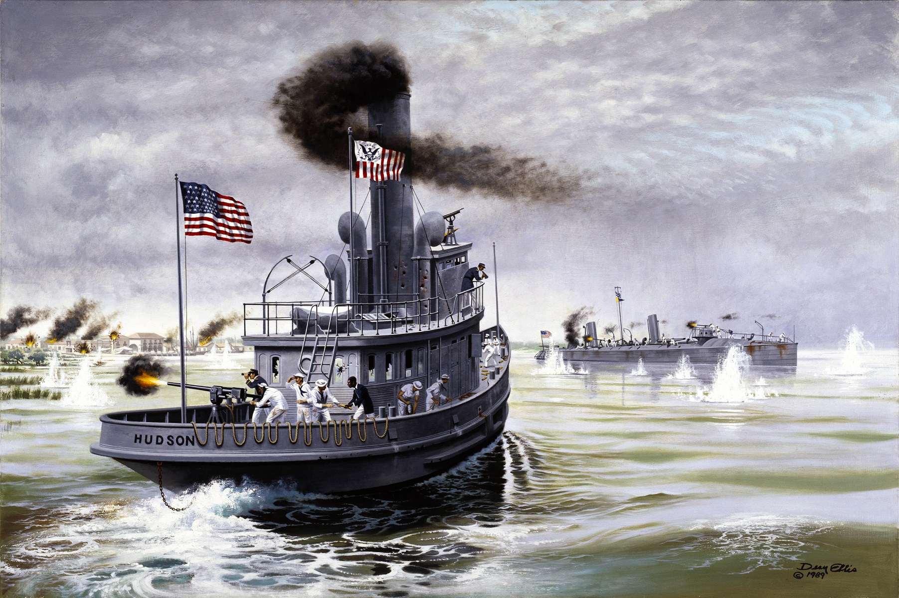 Painting of the Revenue Cutter Hudson steaming to the rescue of the torpedo boat USS Winslow in the Battle of Cardenas Bay, Cuba, 1898. (U.S. Coast Guard Collection)