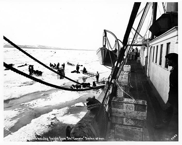 A June 1907 photograph of a passenger steamer unloading supplies onto the ice five miles offshore from the Nome’s waterfront. (Wikipedia)