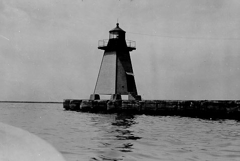 Picture showing Cleveland Harbor’s East Pier Light, another of several Lighthouse Service lights supervised by Keeper Hatch. (Coast Guard Collection)