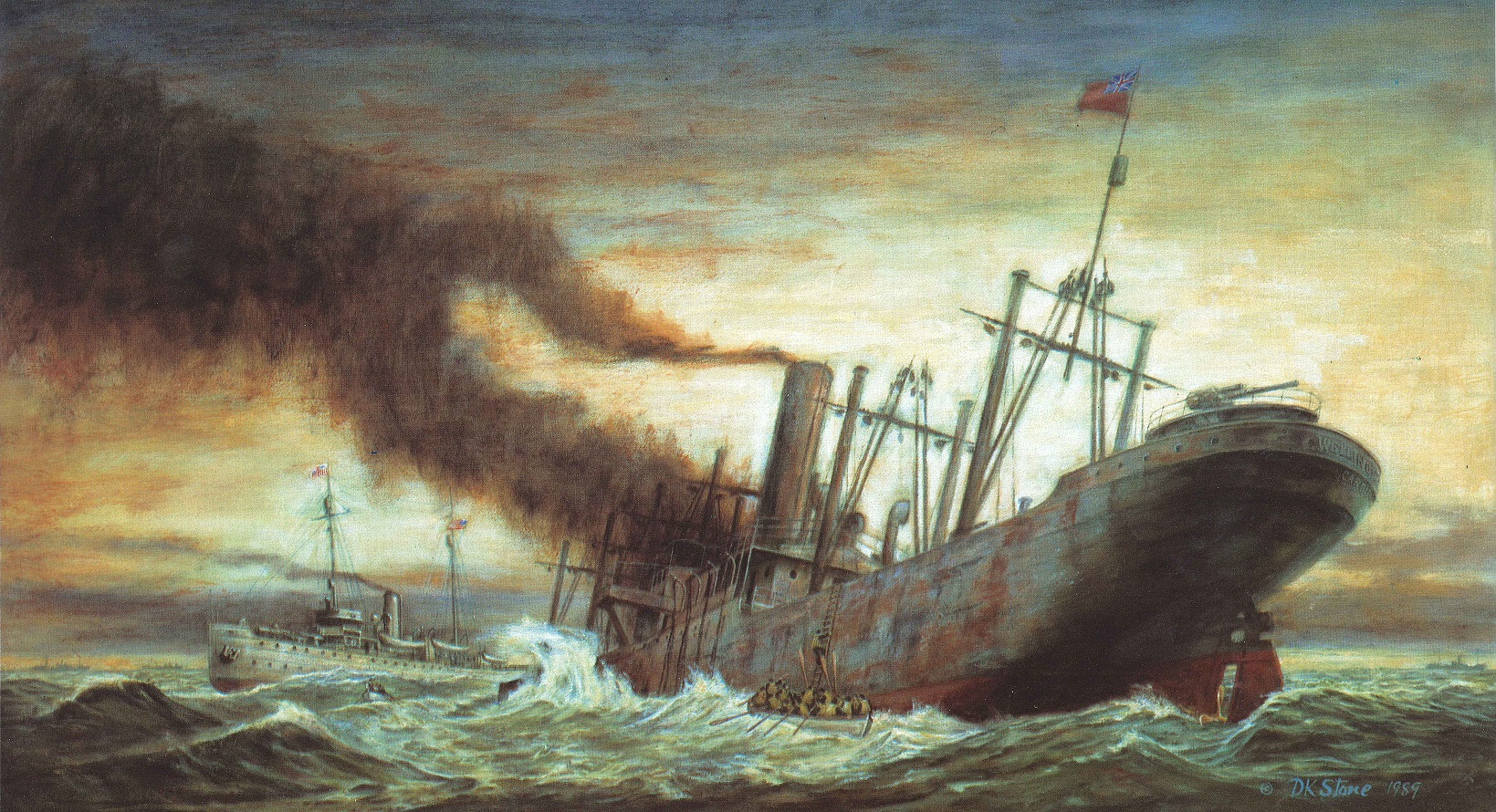 Painting of the Revenue Cutter Snohomish rescuing the lumber steamer Nika in heavy seas off the Washington Coast. (U.S. Coast Guard Collection)