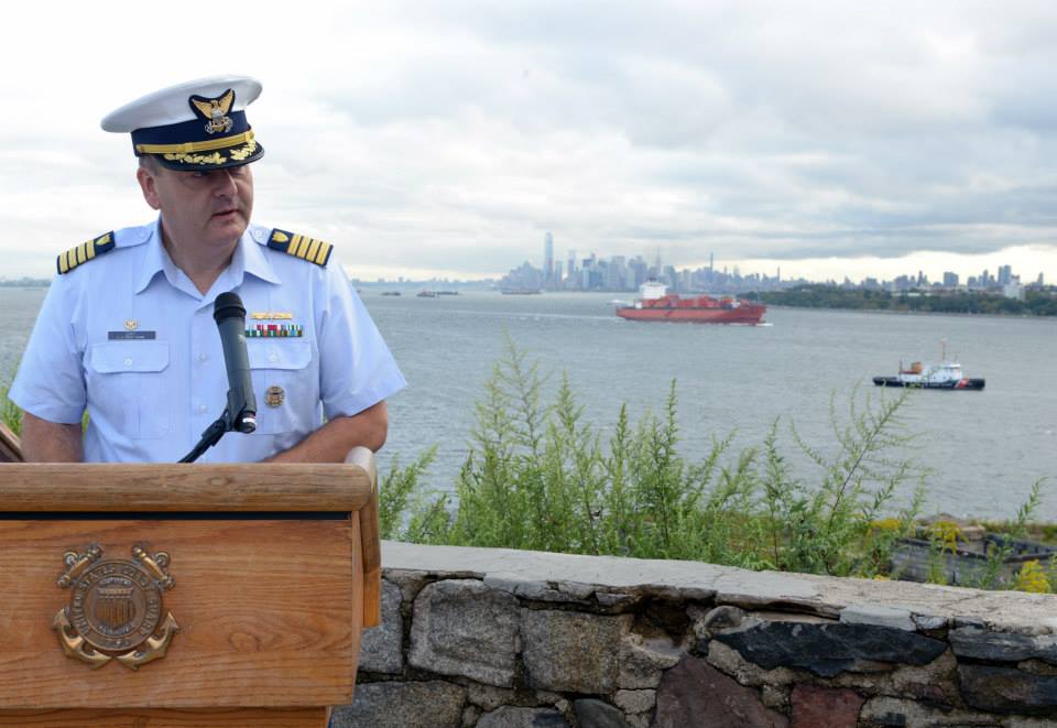 NEW YORK – Capt. Michael Day, commander, Coast Guard Sector New York, gives remarks during a 9/11 observance ceremony held at Fort Wadsworth on Staten Island, New York, Friday, Sept. 11, 2015. Sector New York personnel stood in formation for morning colors and the ceremony, which honored the fallen on that fateful day. (U.S. Coast Guard Photo by Petty Officer 3rd Class Ali Flockerzi.)