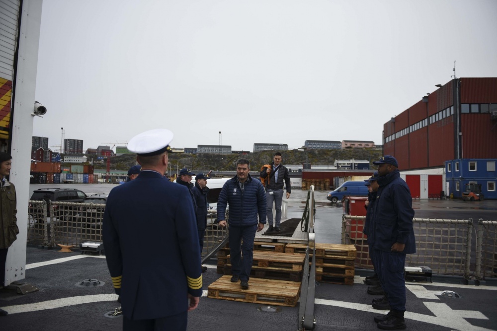 The crew of USCGC Campbell (WMEC 909) welcomed aboard Greenland’s Premier, Mr. Kim Kielsen, and Mr. Sung Choi, U.S. consul in Nuuk, in Nuuk, Greenland, Sept. 15, 2020. Campbell facilitated multiple key diplomatic engagement opportunities throughout their Arctic deployment. (U.S. Coast Guard photo by Seaman Katy Kilroy.)