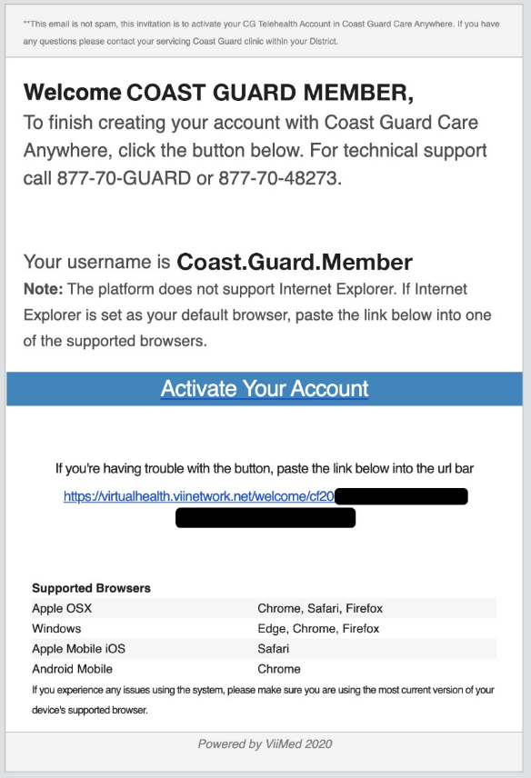 Activation details are unique to each service member, thus for privacy reasons, information has been blacked out in order to use this image as an example.